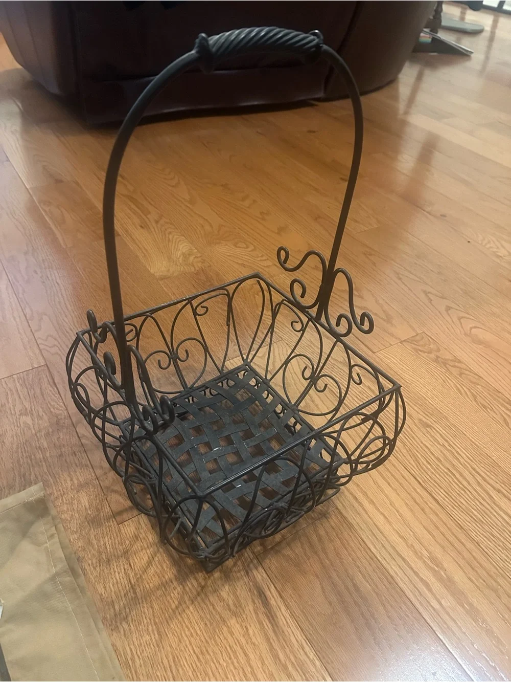 Decorative Black Wrought Iron Basket with Handle